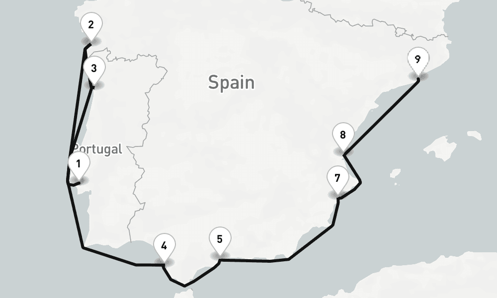 11 nights / 12 days, one-way from Lisbon to Barcelona