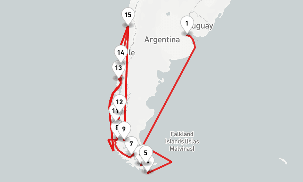 14 nights / 15 days, one-way from Buenos Aires to Valparaiso (Santiago, Chile)