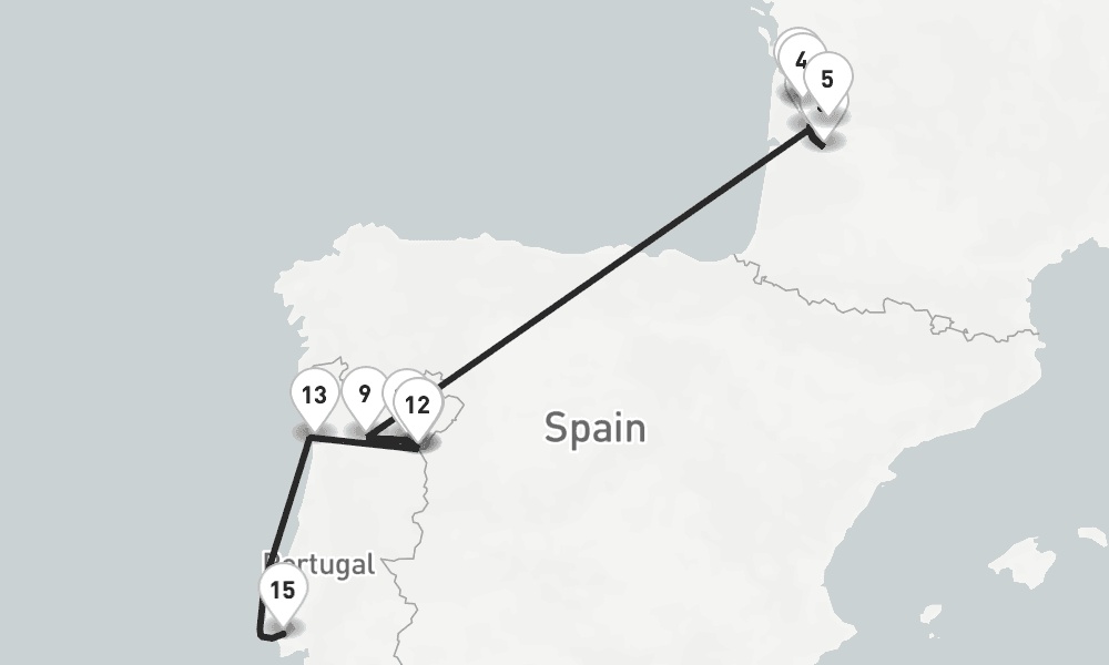 17 nights / 18 days, one-way from Bordeaux to Lisbon