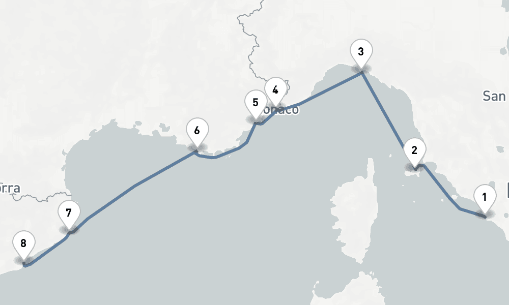 7 nights / 8 days, one-way from Civitavecchia (Rome, Italy) to Barcelona