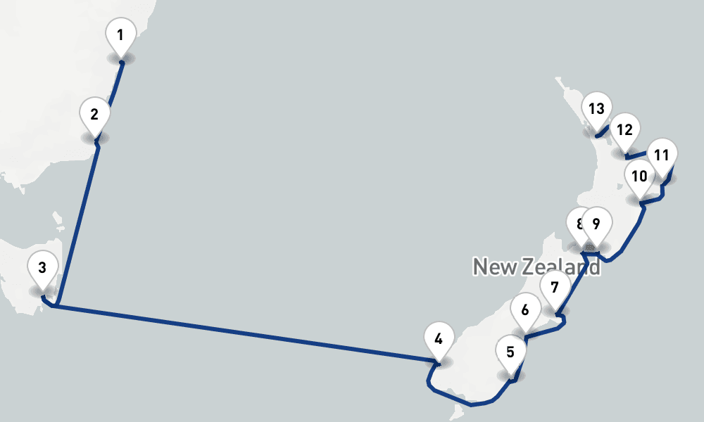 15 nights / 16 days, one-way from Sydney (NSW, Australia) to Auckland
