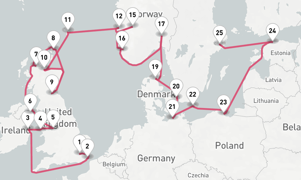 28 nights / 29 days, one-way from Tilbury (London, England) to Stockholm