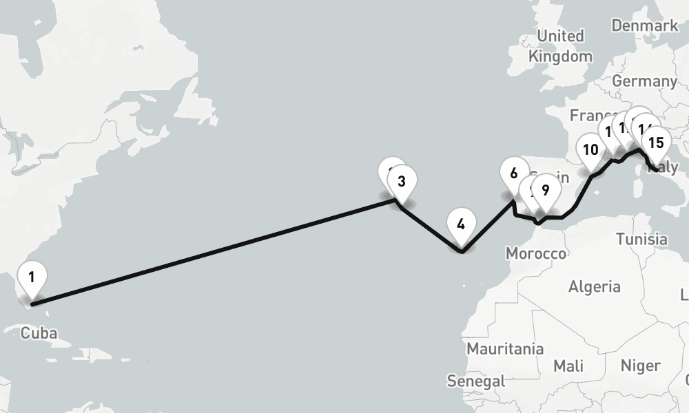 24 nights / 25 days, one-way from Miami (Florida) to Civitavecchia (Rome, Italy)