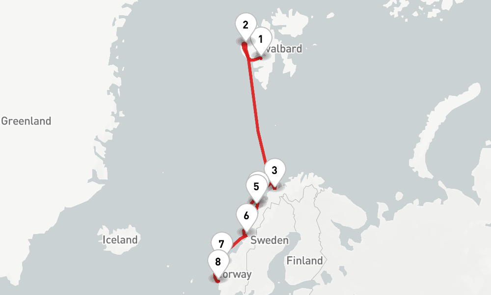 7 nights / 8 days, one-way from Longyearbyen (Spitsbergen, Arctic Norway) to Bergen