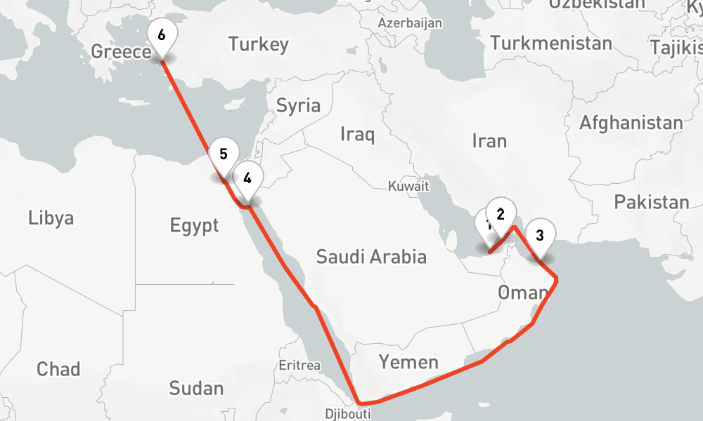13 nights / 14 days, one-way from Abu Dhabi to Kusadasi (Ephesus, Turkey)