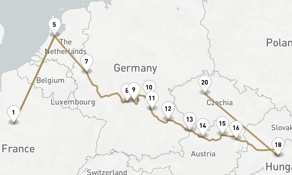 20 nights / 21 days, one-way from Paris to Prague (Czech Republic)