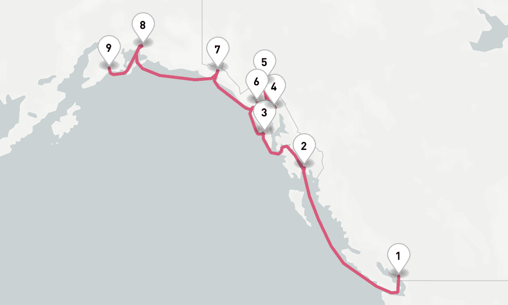10 nights / 11 days, one-way from Vancouver (BC Canada) to Seward (Alaska)