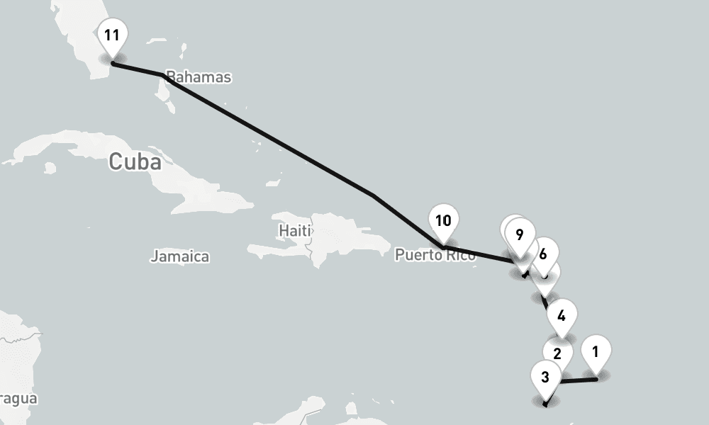 12 nights / 13 days, one-way from Bridgetown (Barbados) to Miami (Florida)