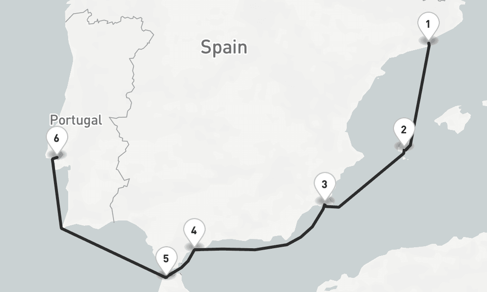 6 nights / 7 days, one-way from Barcelona to Lisbon