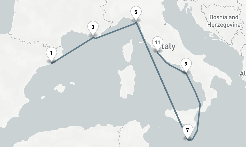 12 nights / 13 days, one-way from Barcelona to Civitavecchia (Rome, Italy)