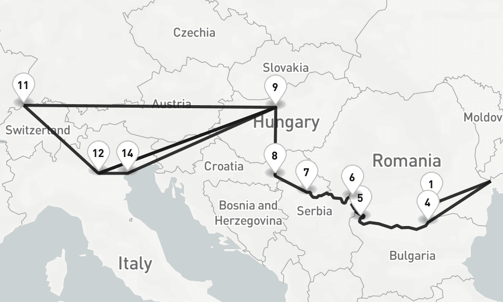 16 nights / 17 days, one-way from Bucharest to Venice