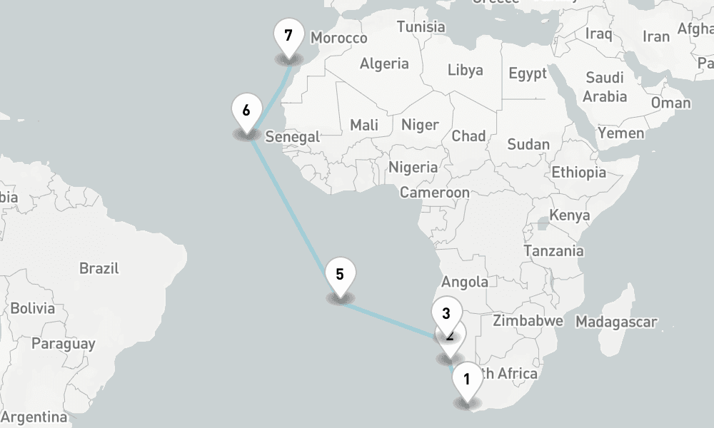 17 nights / 18 days, one-way from Cape Town to Las Palmas (Gran Canaria, Canary Islands)