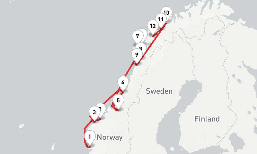 4 nights / 5 days, one-way from Bergen to Harstad (Hinnoya Island, Norway)