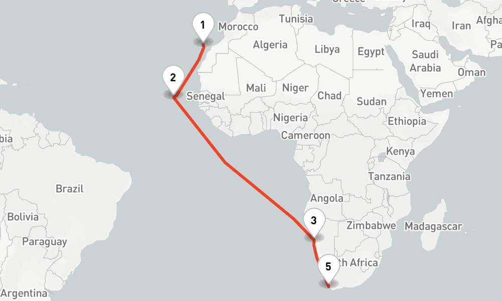 15 nights / 16 days, one-way from Las Palmas (Gran Canaria, Canary Islands) to Cape Town