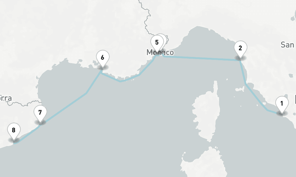 7 nights / 8 days, one-way from Civitavecchia (Rome, Italy) to Barcelona