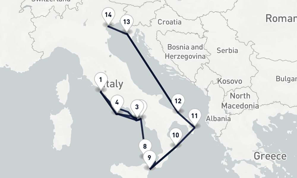 16 nights / 17 days, one-way from Civitavecchia (Rome, Italy) to Venice