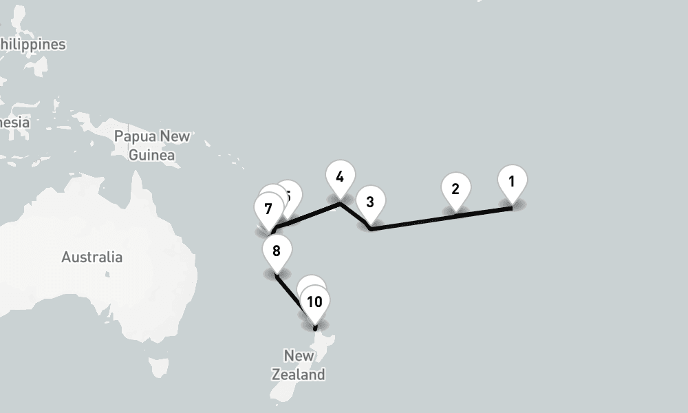 17 nights / 18 days, one-way from Papeete (Tahiti Island, French Polynesia) to Auckland