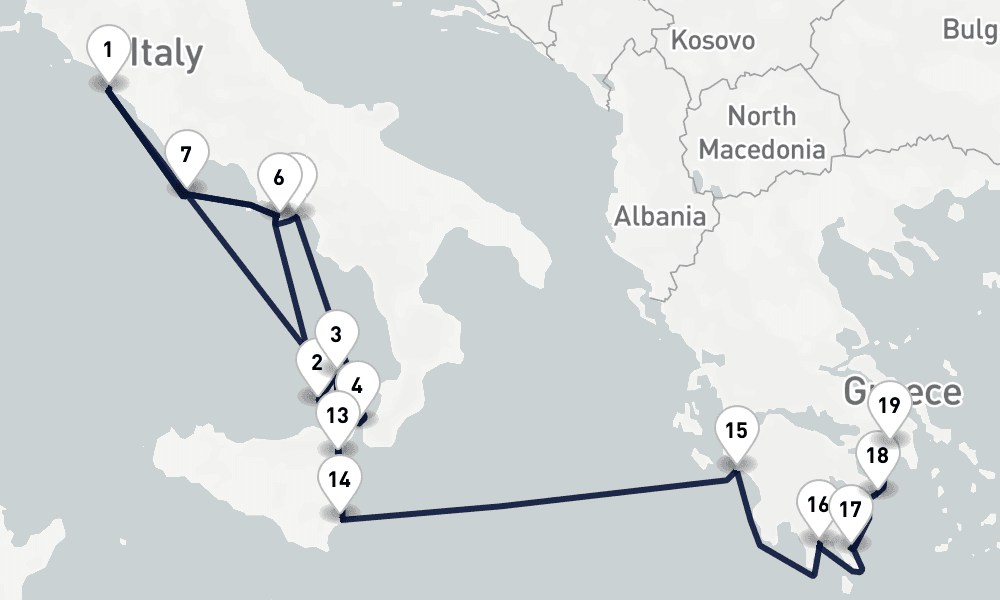 18 nights / 19 days, one-way from Civitavecchia (Rome, Italy) to Piraeus (Athens, Greece)