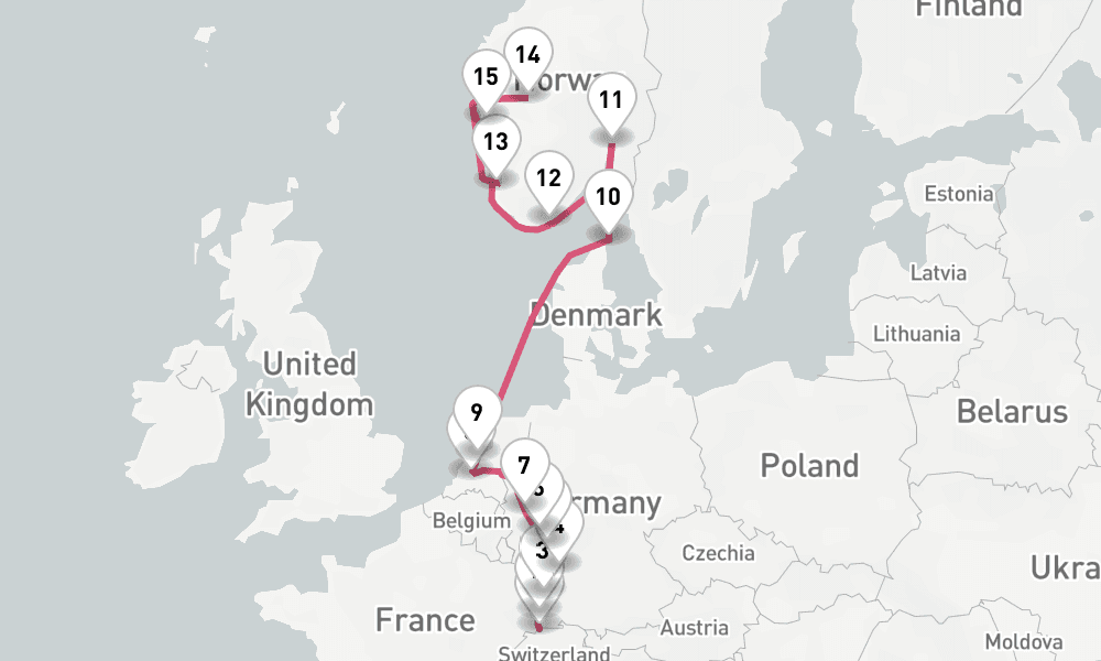 14 nights / 15 days, one-way from Basel to Bergen