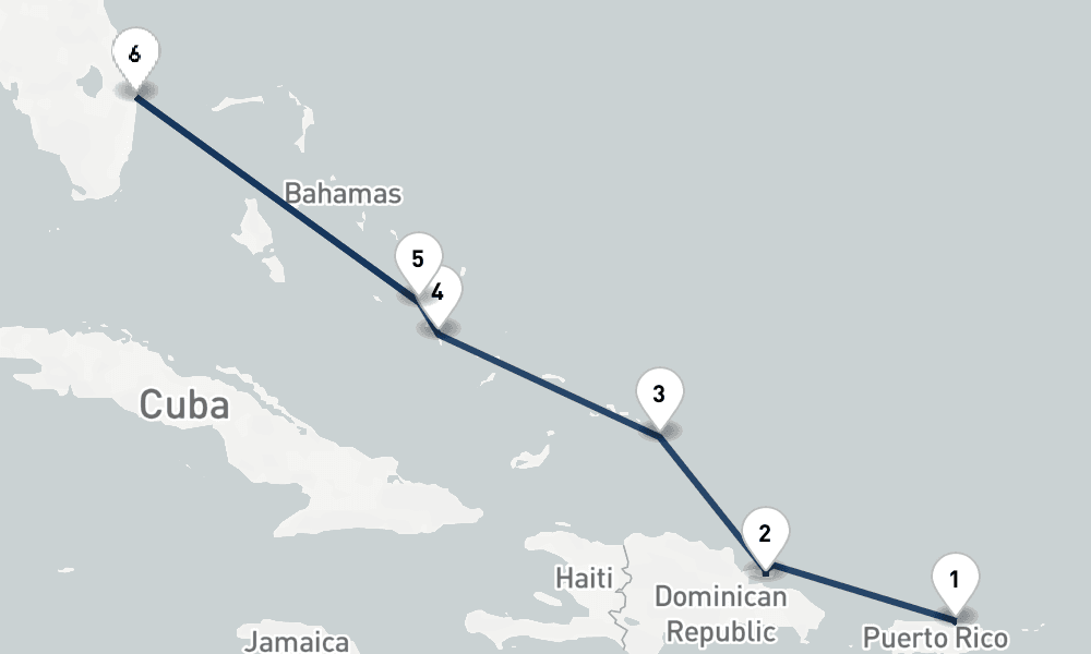 7 nights / 8 days, one-way from San Juan (Puerto Rico) to West Palm Beach (Florida)