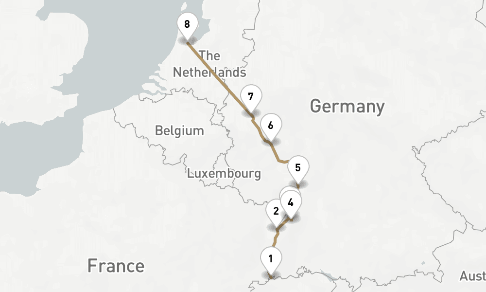 7 nights / 8 days, one-way from Basel to Amsterdam (Holland)