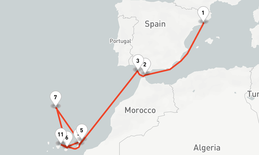 14 nights / 15 days, one-way from Barcelona to Las Palmas (Gran Canaria, Canary Islands)