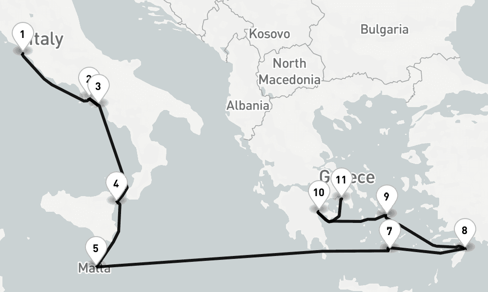 11 nights / 12 days, one-way from Civitavecchia (Rome, Italy) to Piraeus (Athens, Greece)