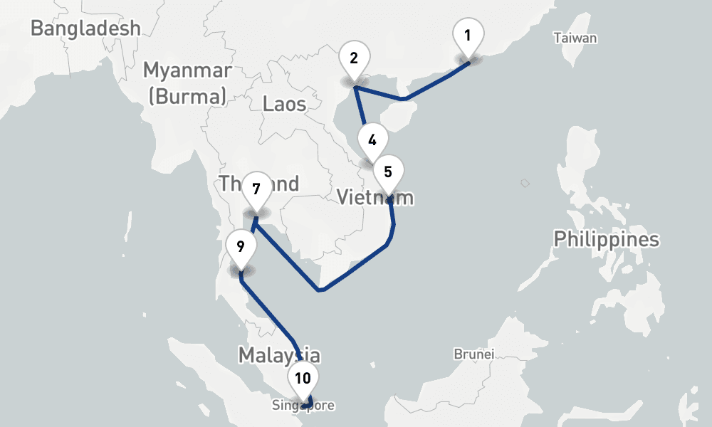 14 nights / 15 days, one-way from Hong Kong to Singapore