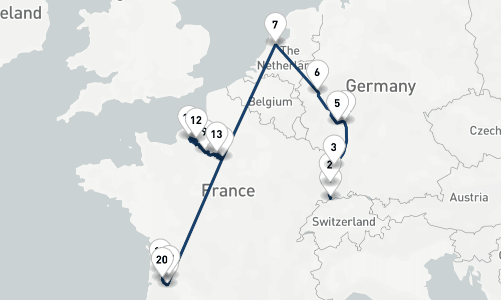 21 nights / 22 days, one-way from Basel to Bordeaux