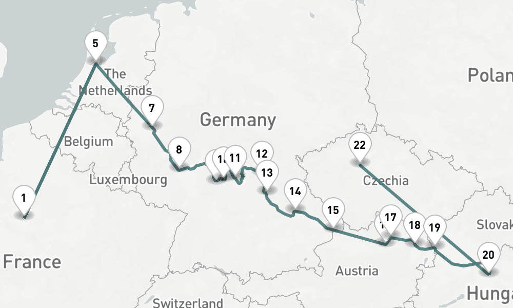 20 nights / 21 days, one-way from Paris to Prague (Czech Republic)