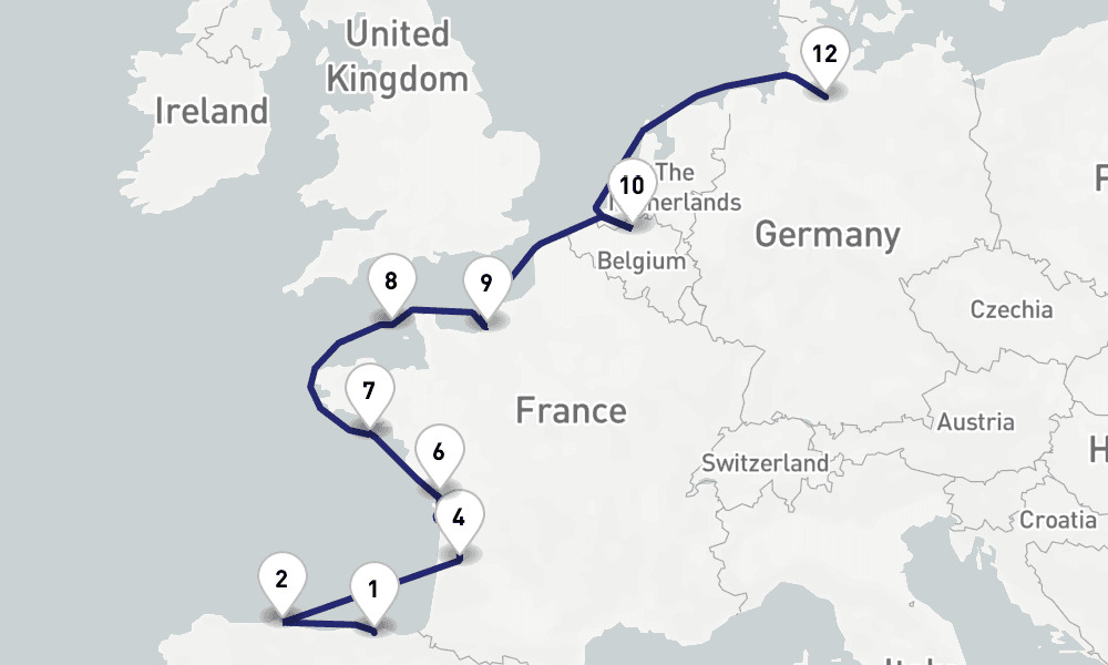 12 nights / 13 days, one-way from Bilbao to Hamburg