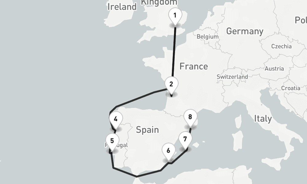 11 nights / 12 days, one-way from Greenwich (London, England) to Barcelona