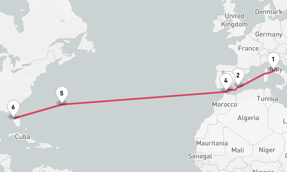 15 nights / 16 days, one-way from Civitavecchia (Rome, Italy) to Tampa (Florida)