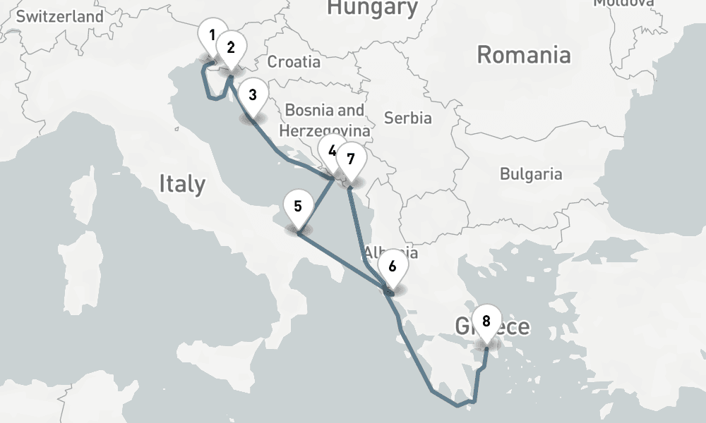 8 nights / 9 days, one-way from Trieste to Piraeus (Athens, Greece)