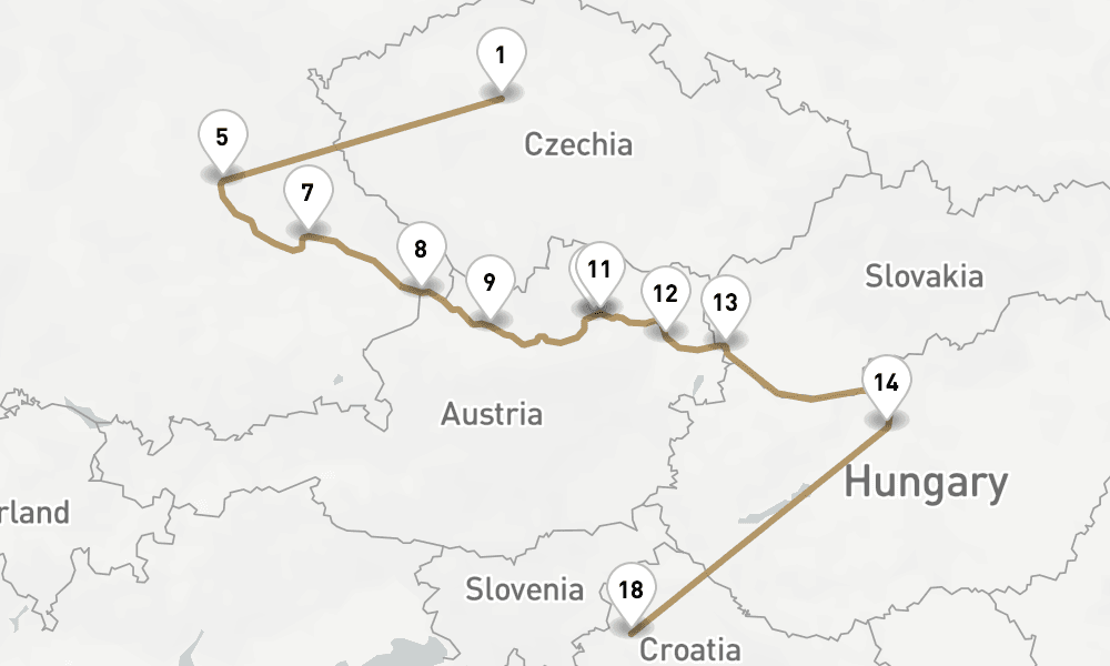 16 nights / 17 days, one-way from Prague (Czech Republic) to Zagreb
