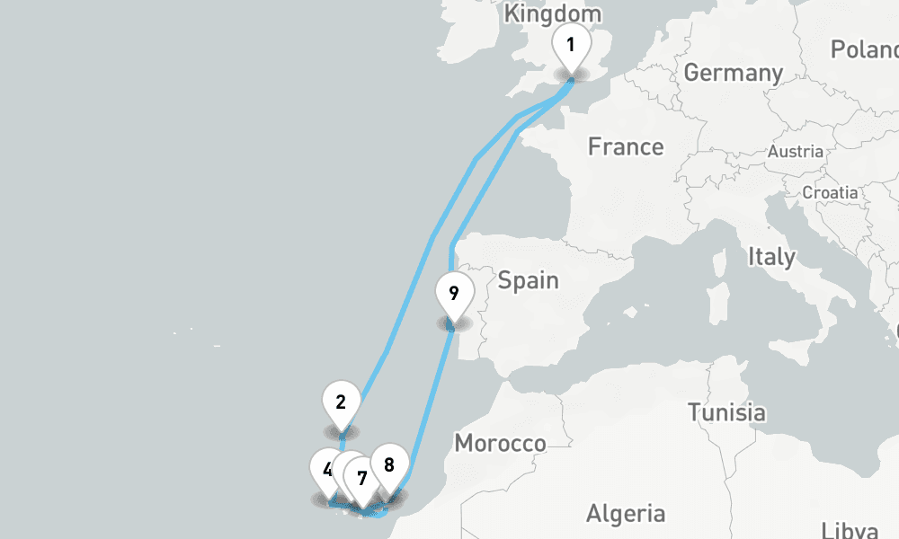 15 nights / 16 days, Portsmouth (England) Round trip