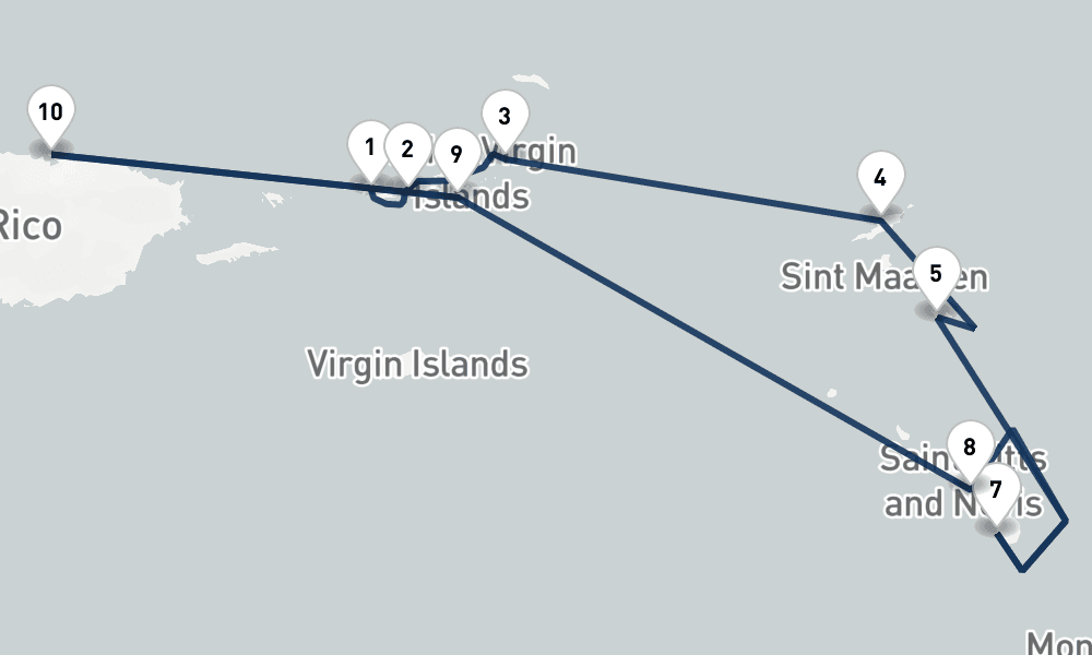 7 nights / 8 days, one-way from Saint Thomas Island (Charlotte Amalie, USVI) to San Juan (Puerto Rico)