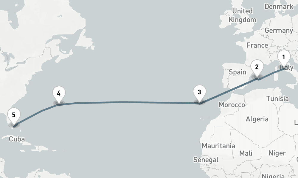14 nights / 15 days, one-way from Civitavecchia (Rome, Italy) to Miami (Florida)