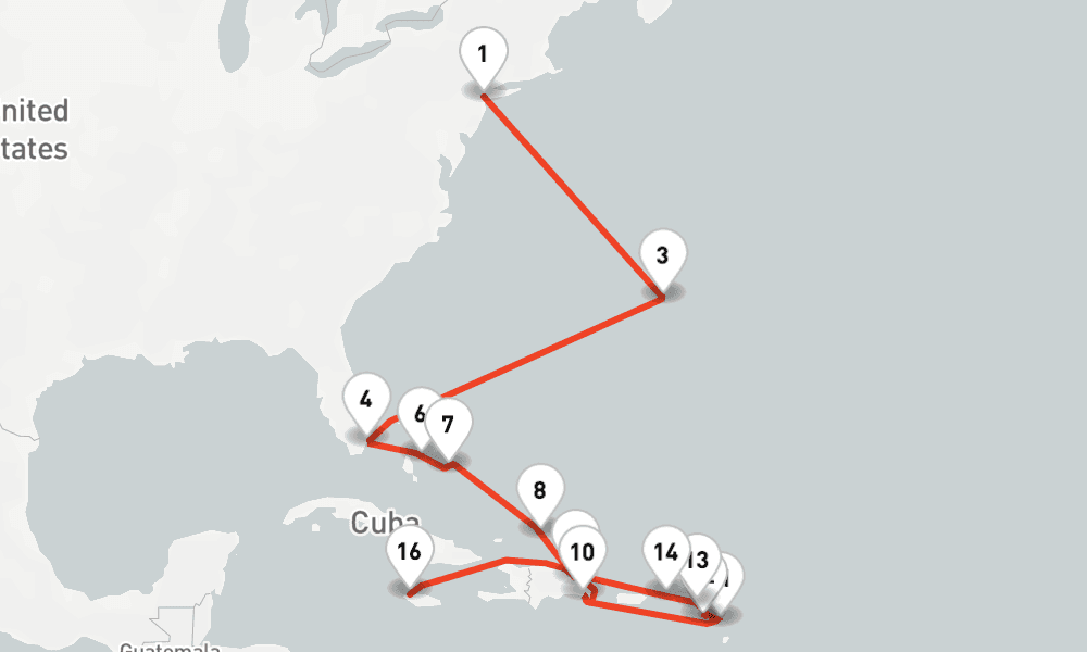22 nights / 23 days, one-way from New York (Cape Liberty NYC) to Montego Bay