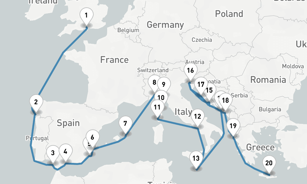 30 nights / 31 days, one-way from Southampton (England) to Heraklion (Crete, Greece)