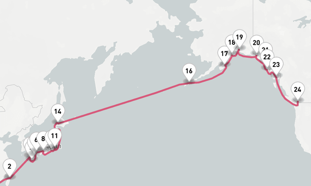 35 nights / 36 days, one-way from Hong Kong to Vancouver (BC Canada)