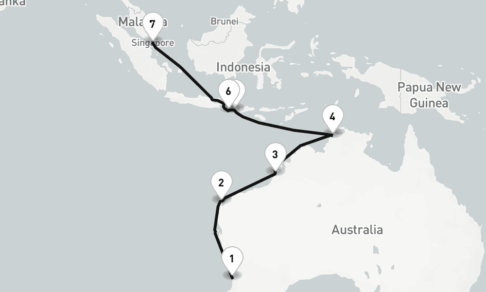 16 nights / 17 days, one-way from Fremantle (Perth, Western Australia) to Singapore