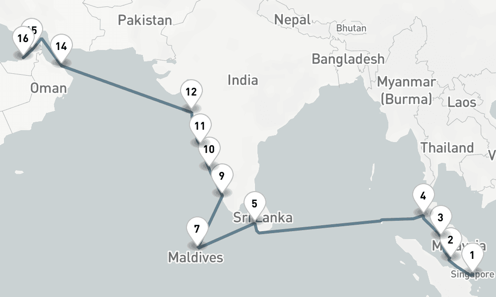 22 nights / 23 days, one-way from Singapore to Abu Dhabi