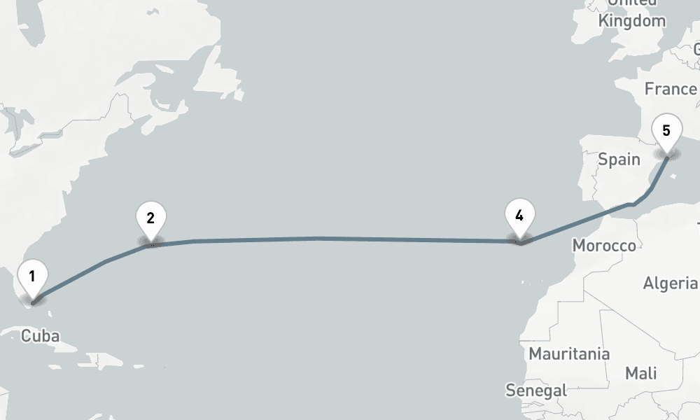 14 nights / 15 days, one-way from Miami (Florida) to Barcelona