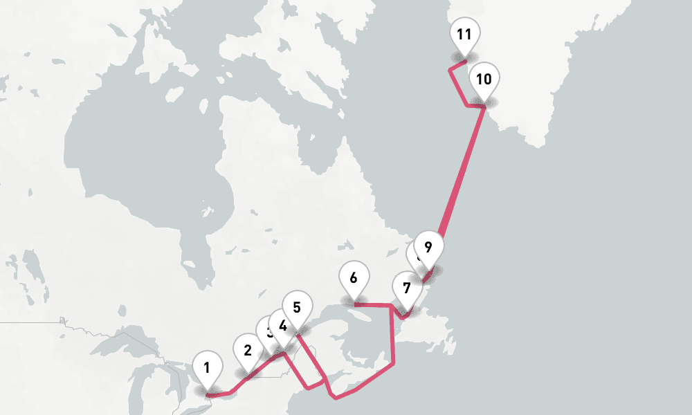 13 nights / 14 days, one-way from Toronto (Ontario) to Nuuk (Greenland)