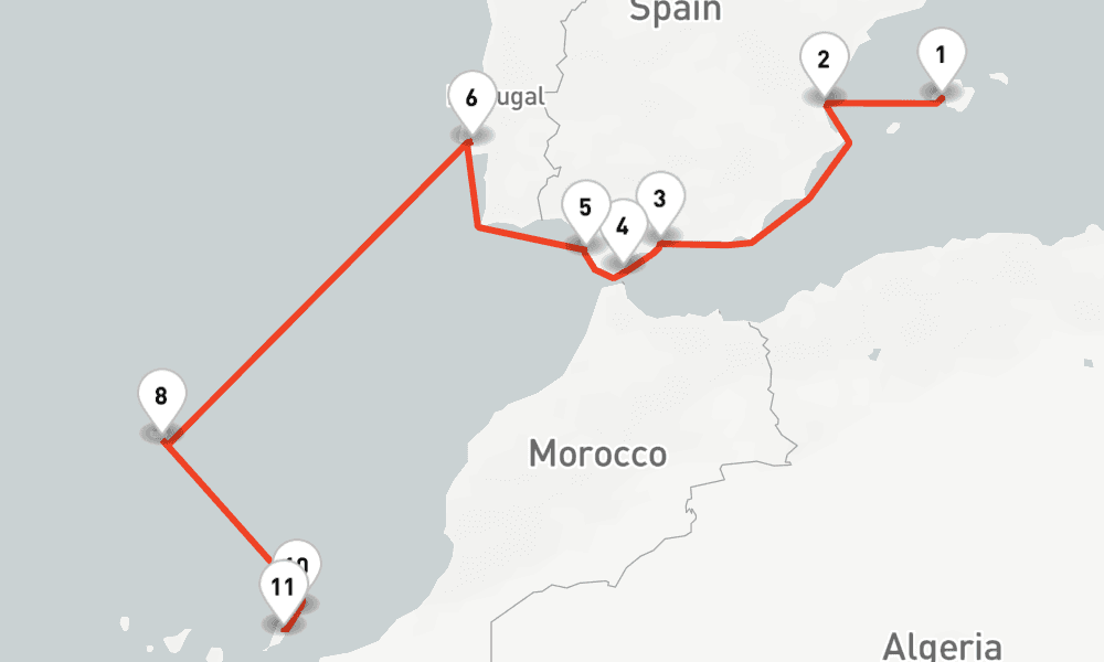 12 nights / 13 days, one-way from Palma de Mallorca (Majorca Island, Spain) to Puerto del Rosario (Fuerteventura, Canary Islands)