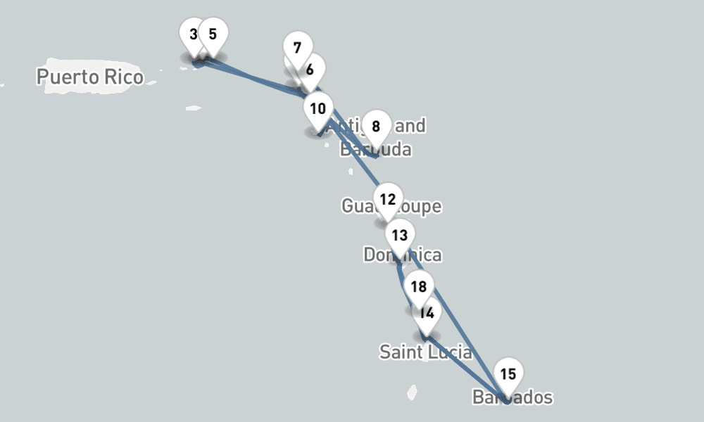 21 nights / 22 days, one-way from Philipsburg (St Maarten Island, Dutch Antilles) to Bridgetown (Barbados)