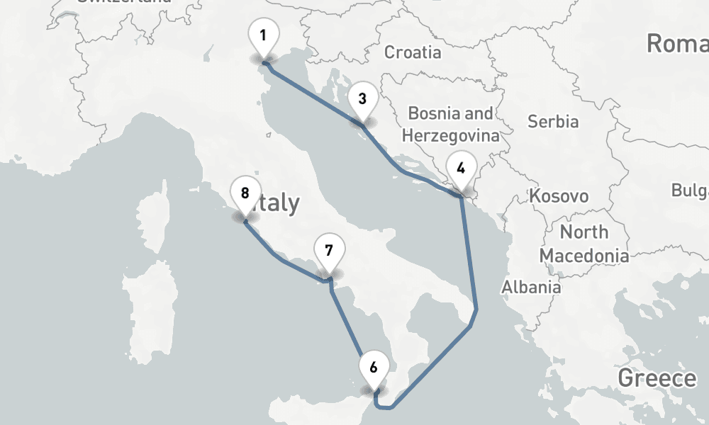 8 nights / 9 days, one-way from Venice to Civitavecchia (Rome, Italy)
