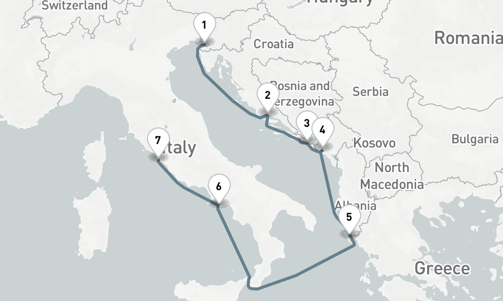 7 nights / 8 days, one-way from Trieste to Civitavecchia (Rome, Italy)