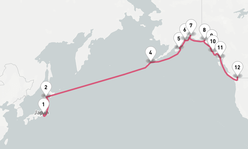 21 nights / 22 days, one-way from Tokyo to Vancouver (BC Canada)